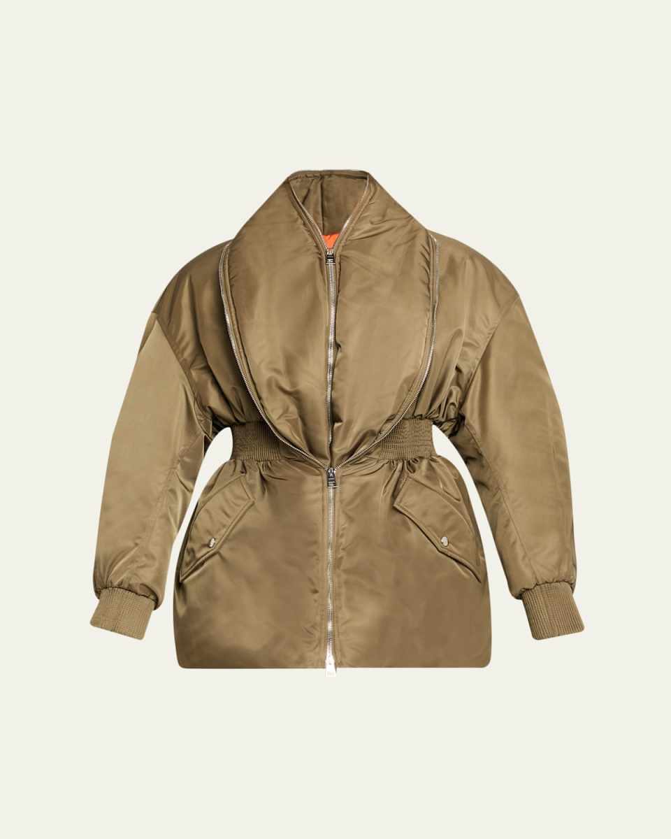Dual-Zipper Shawl Collar Bomber Jacket